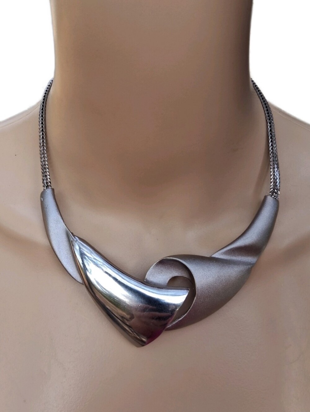 Vintage Silver Tone Abstract Swirl Collar Necklace Mesh Chain Modernist